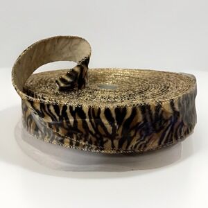 Tiger Faux Fur Ribbon 2.5" x 50 Yds Wired Furry Animal Print With Gold Trim